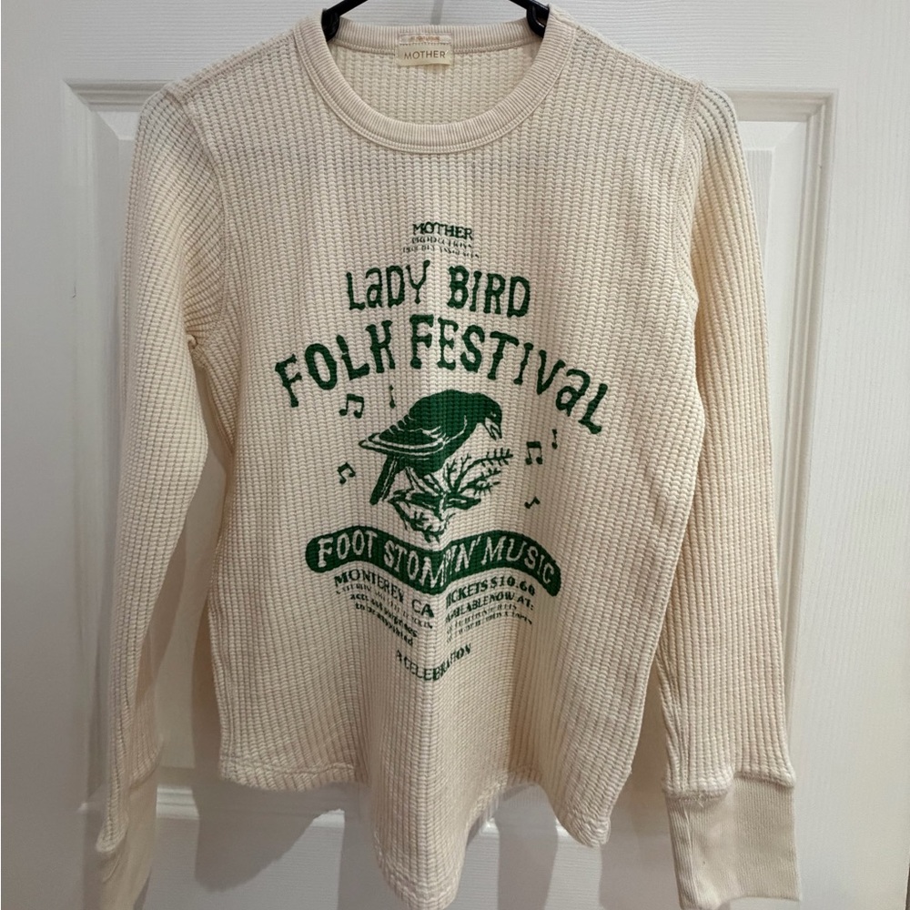 MOTHER Cream Sweater with Green Festival Print